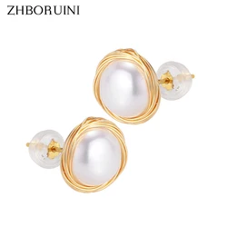 ZHBORUINI Pearl Earrings For Women Gold Thread Winding Jewelry Of Silver Freshwater Pearl Handmade Style 925 Silver Earring
