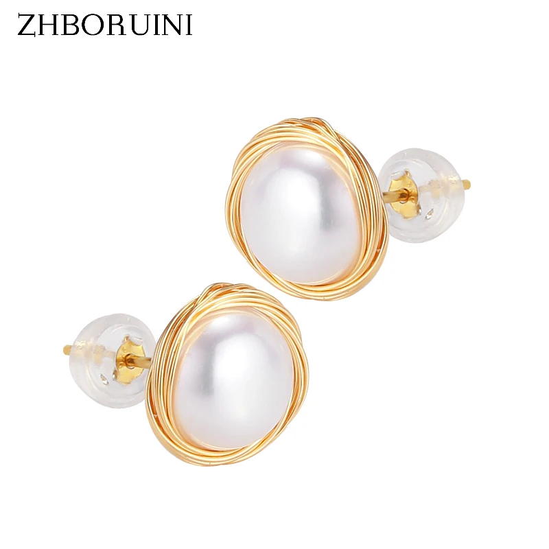ZHBORUINI Pearl Earrings For Women Gold Thread Winding Jewelry Of Silver Freshwater Pearl Handmade Style 925 Silver Earring