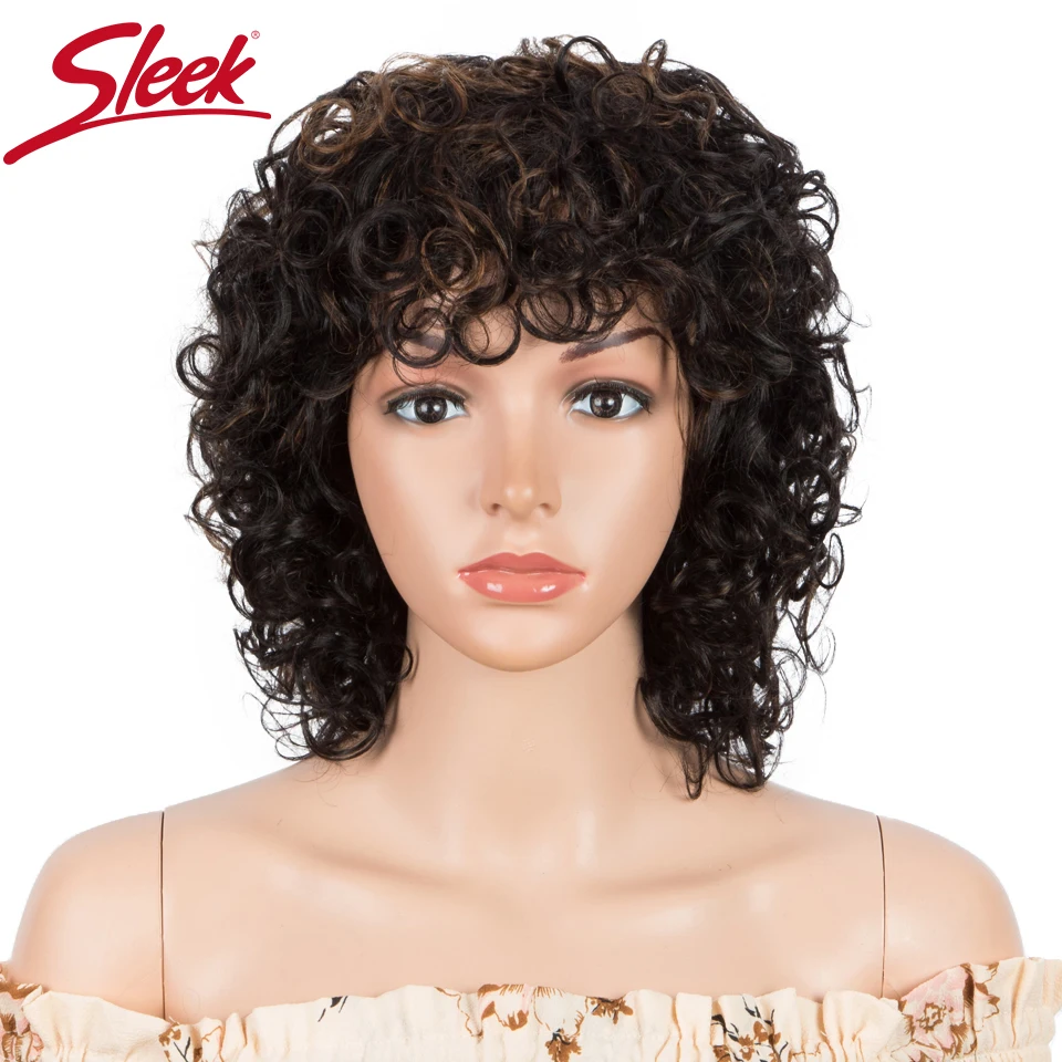 Perucas de cabelo humano elegantes para homens e mulheres, cabelo brasileiro remy, peruca encaracolada, perucas de onda de água, curl with bangs