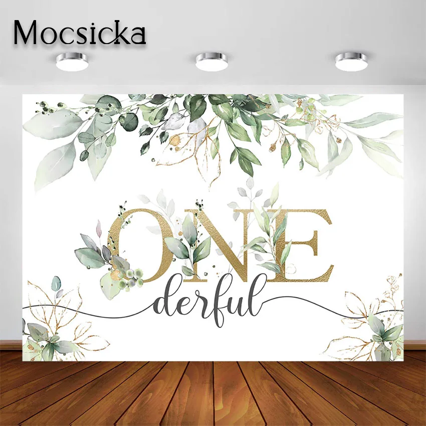 

Mocsicka Miss Onederful Party Backdrop for Girl 1st Birthday Party Decorations Green Leaf First Birthday Party Photo Background