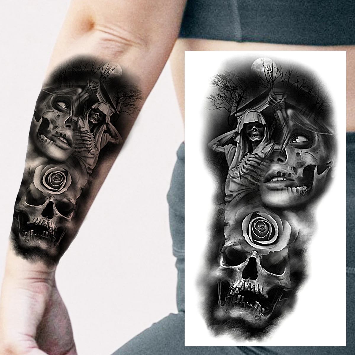 Black Forest Temporary Tattoos For Women Men Realistic Clown Mask Skull Dahlia Fake Tattoo Sticker Forearm Leg Tatoos Hot Sale