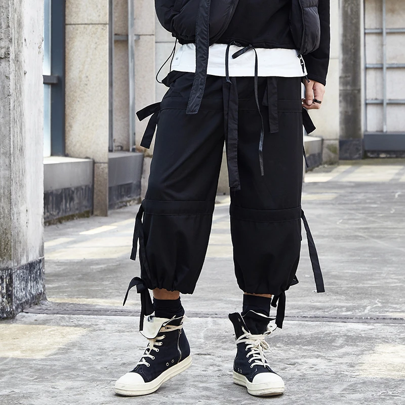 

Men's new singer hair stylist dark hip-hop street day ribbon design loose casual Harlem pants