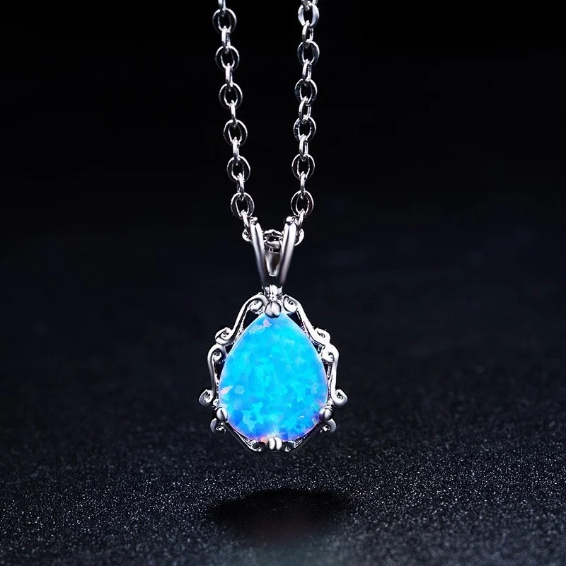 Fashion Necklace Charm Water-drop Geometric Blue Imitaztion Fire Opal Pendant Necklace For Women Accessories Bohemian Gift