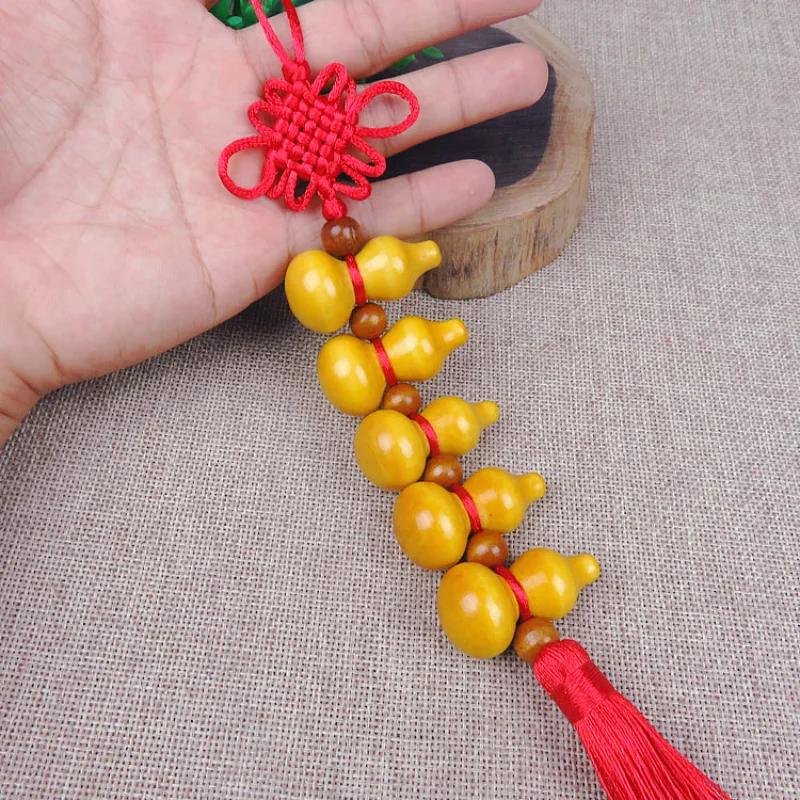 Feng Shui Ornament Traditional Chinese Peach Wood Wu Lou Hu Lu Gourd Tassel Hanging Charm Good Luck Home Decoration