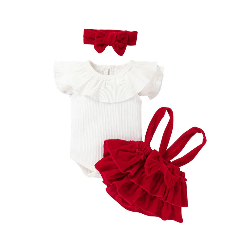 Toddler Infant Baby Girl Clothes Set Cute Ruffle Short Sleeve Knitted Romper+Velvet Suspender Layered Skirt+Headband 0-24M