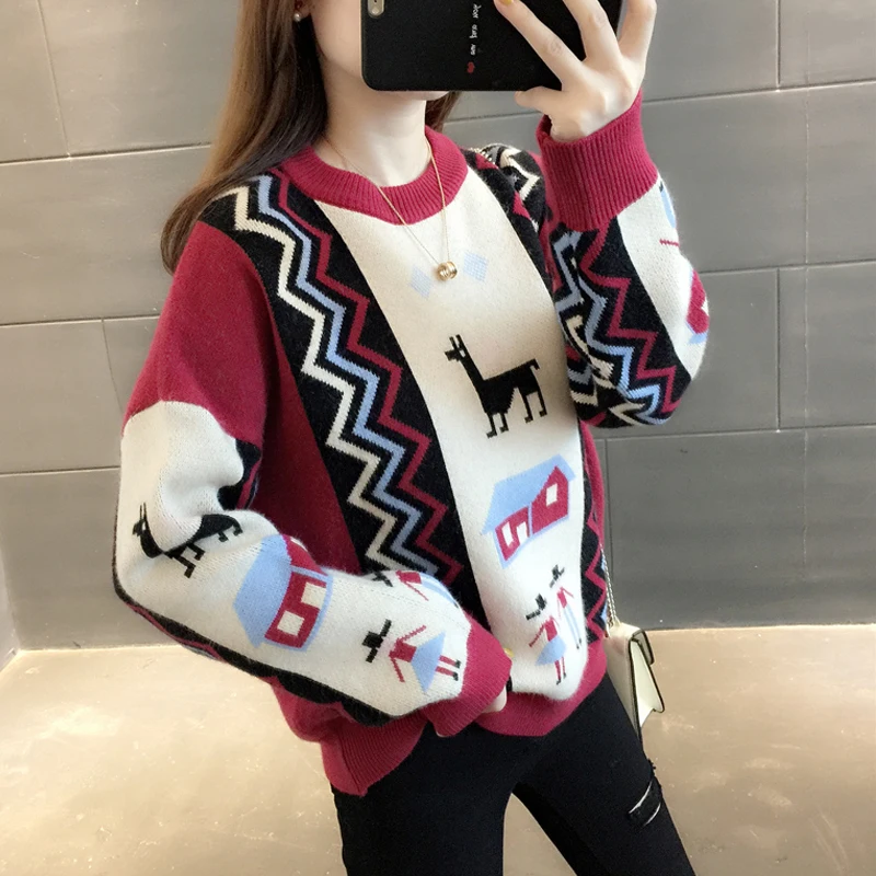 Women's Sweater Knitted Pullover Sweaters 2019 Autumn Winter Women Loose Deer Christmas Sweater