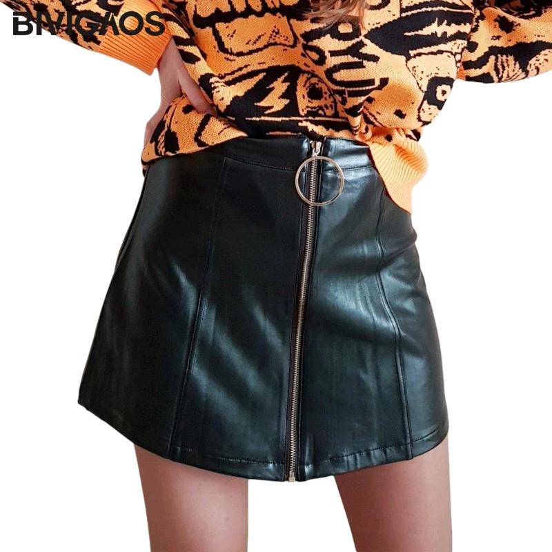 BIVIGAOS Women's New Fashion Korean High Waist Mini Skirts Big Ring Zip PU Leather Skirt A-line Skirt For Spring Autumn Winter