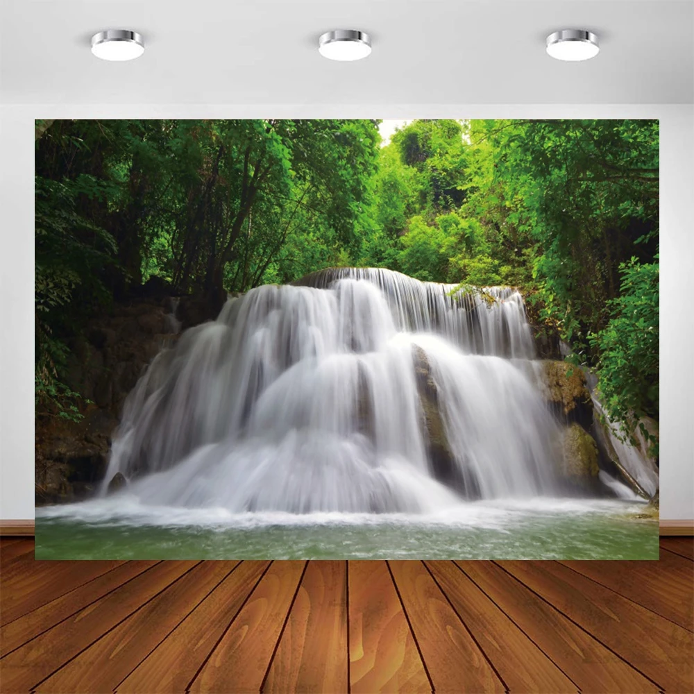 Waterfall Landscape Backdrop Spring River Green Tree Forest Nature Scenery Photography Background Wall Decor Photo Studio Prop