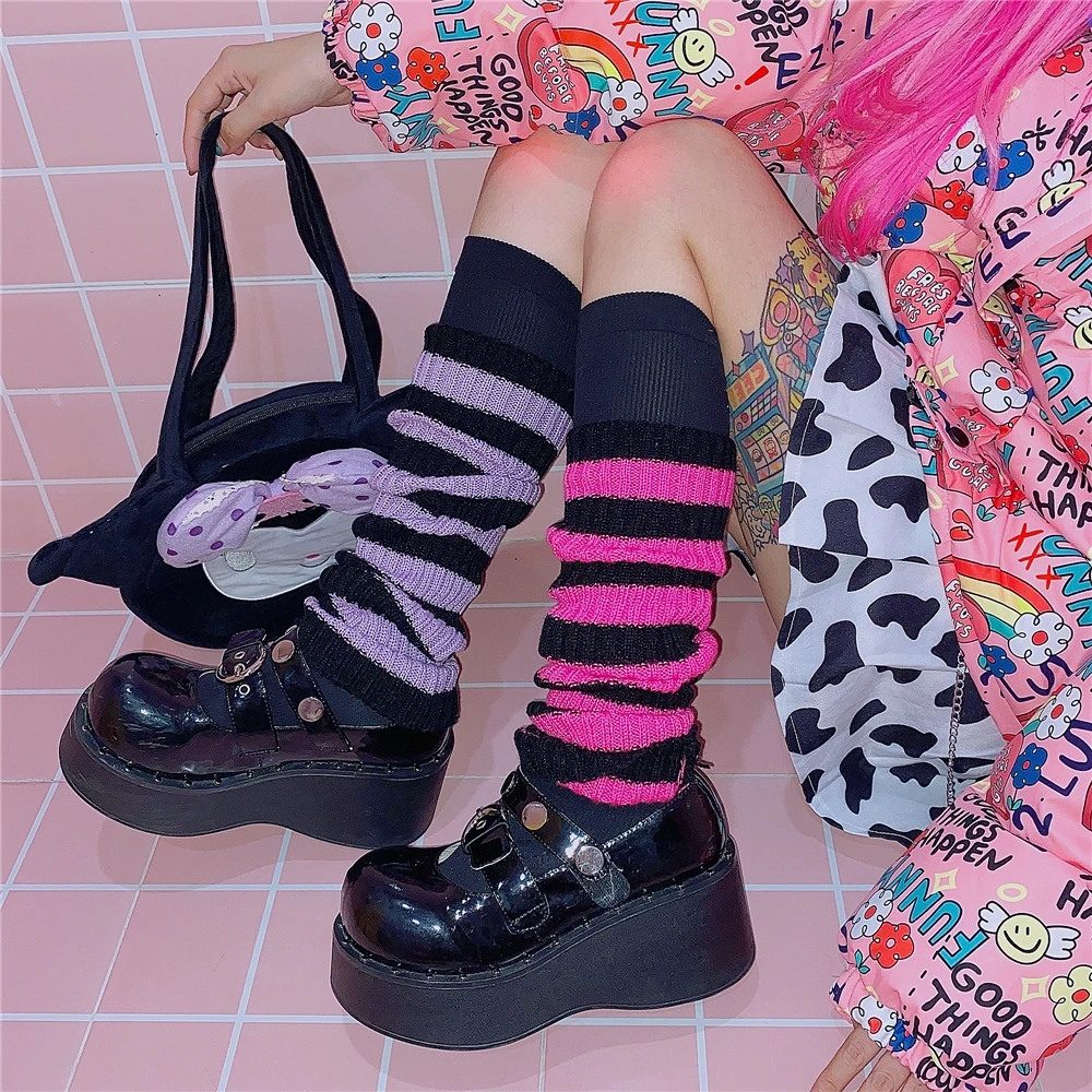 Y2K E-girl Goth Striped Women Leg Warmers 2000s Lady Cute Jk Stretch Knee-length Cool Hipster Warm Knit Sock Fashion Socks