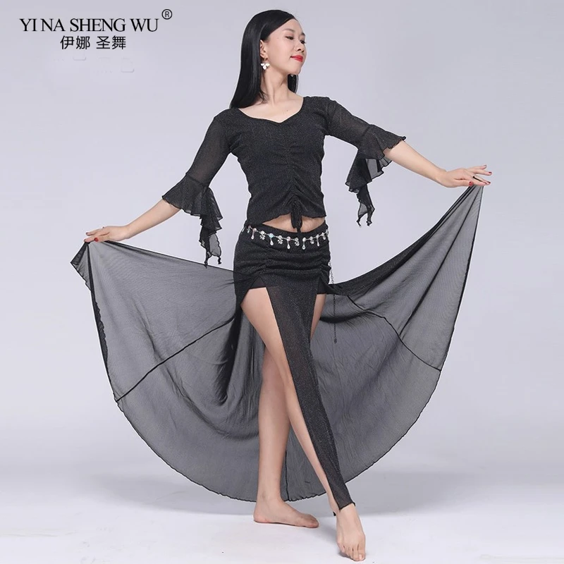 Bụng Nhảy Dance Gợi Cảm Nửa Top + Dài Chia Váy 2 Bộ Phụ Nữ Mới Bellydance Đầm Thực Hành Trang Phục vũ Điệu Mặc