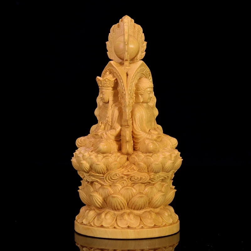 

13cm Three Gods Wood Buddha Statue Saints Worship Boxwood Sculpture Guanyin Shakyamuni Home Decor