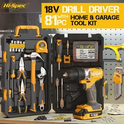 Hi-Spec 81pc Complete Hand Tool Sets 18V Electric Screwdriver Drill Driver Workshop Tool Kit for Home with Drill Bits Tool Box