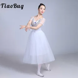 Women Ballet Dress Puff Sleeves Long Tulle Swan Lake Tutu Romantic Ballroom Stage Performance Ballerina Leotard Dance Costume