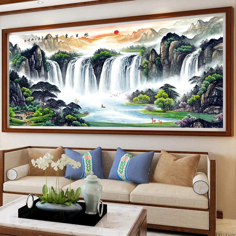 Needlework Big Size Cross Stitch,Full Embroidery Kit,Sunrise Mountain Waterfall Landscape Printed Pattern Handwork Craft Gift