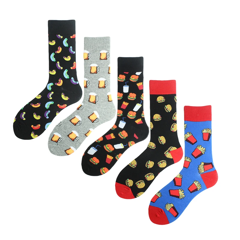 Colorful Hot Dog Hamburg Beer Pattern Novelty Crew Socks Men\'s Funny Food Kawaii Sokken Creative Casual Cotton Socks For Male