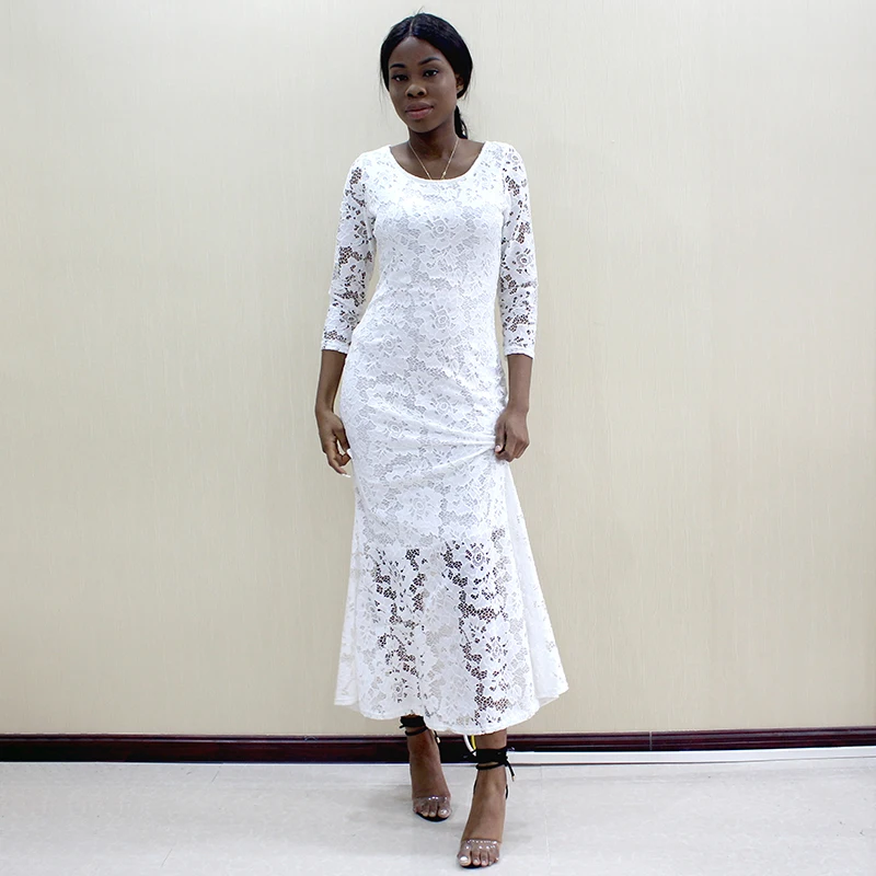 

African lace fabric Dress African Dashiki Women Round Neck Three Quarter Sexy Mermaid hem Party Dress