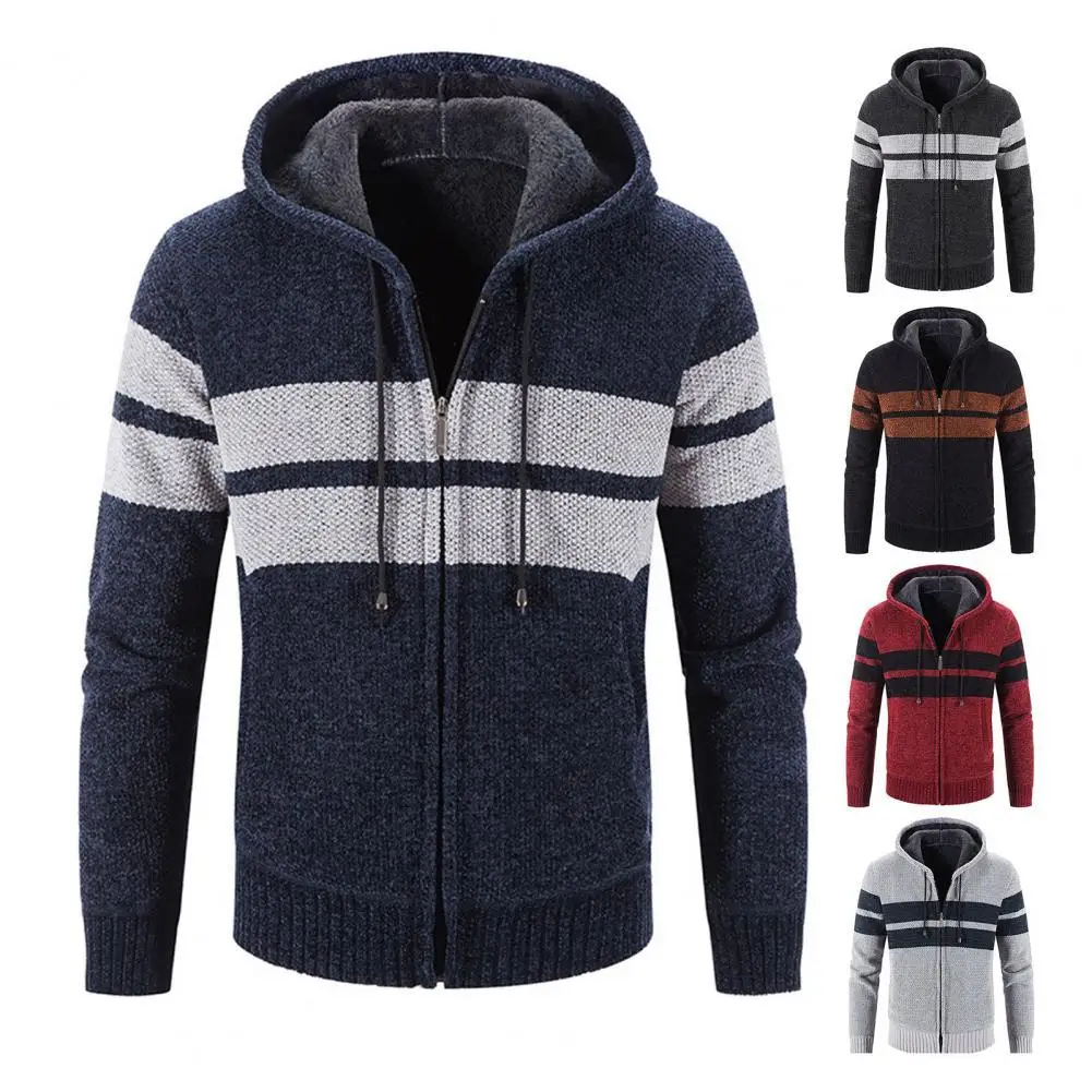 

Men's Coat Zipper Closure Long Sleeve Striped Hooded Sweater Coat Autumn Winter Patchwork Pockets Warm Sweater Coat Knitwear