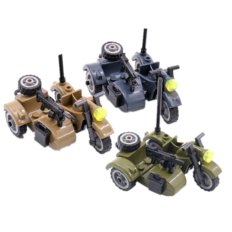 WW2 Military Motorcycle Building Blocks German US Japanese Army Tricycle Cartoon Car Model Parts Bricks Educational Toys C187