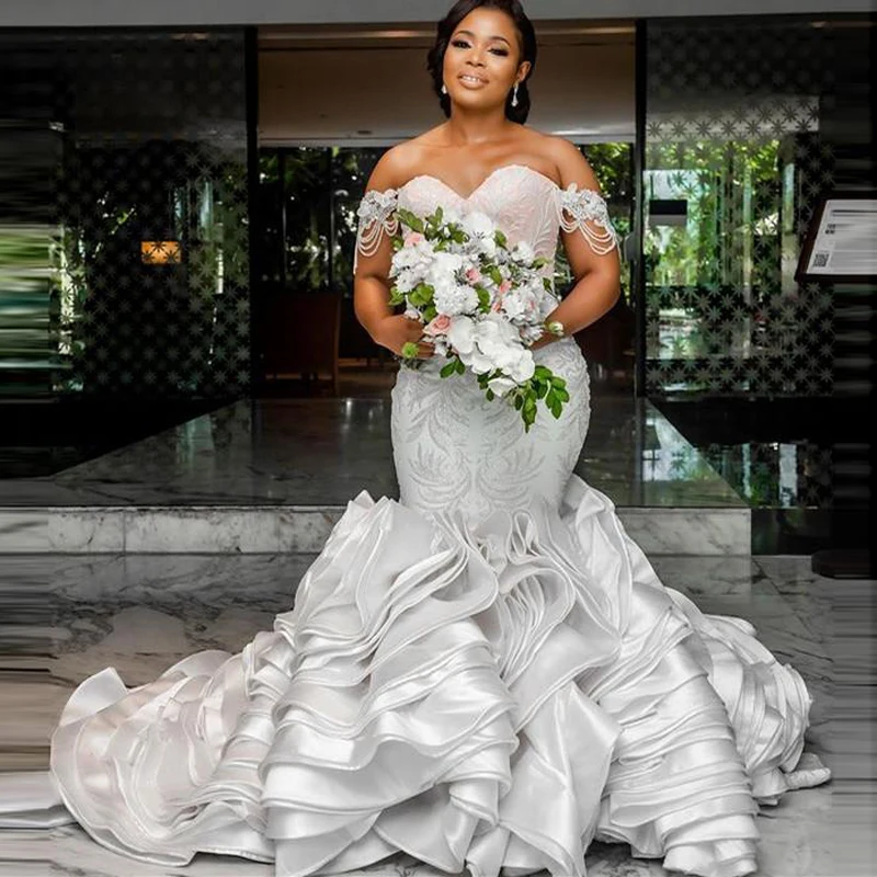 Arabo Aso Ebi Mermaid abiti da sposa Off The Shoulder Beads Appliques Plus Size abito da sposa increspature abiti da sposa