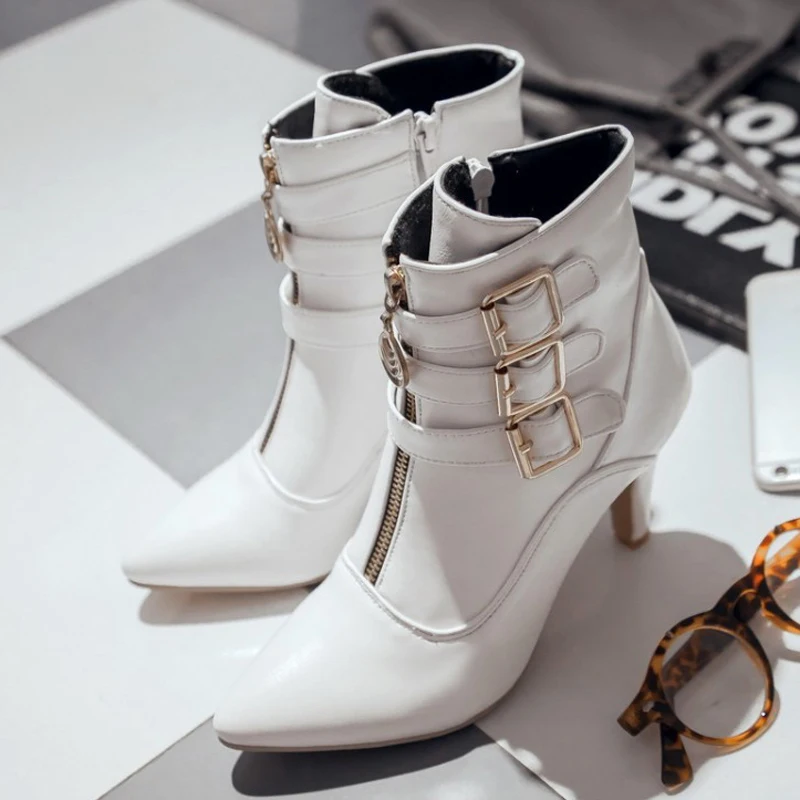 Fashion Autumn Winter Leather Women Shoes Buckle 8cm High Heel Ankle Boots Pointed Toe Women Boots For Women Size 34-43 WSH3478