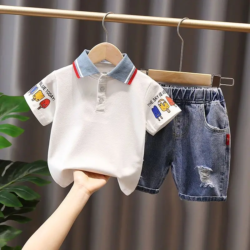 

Boy Summer Clothes Suit 2021 New Children's Fashion Denim Shorts + T-shirt 2-piece Set Baby Summer Short-sleeved Tops