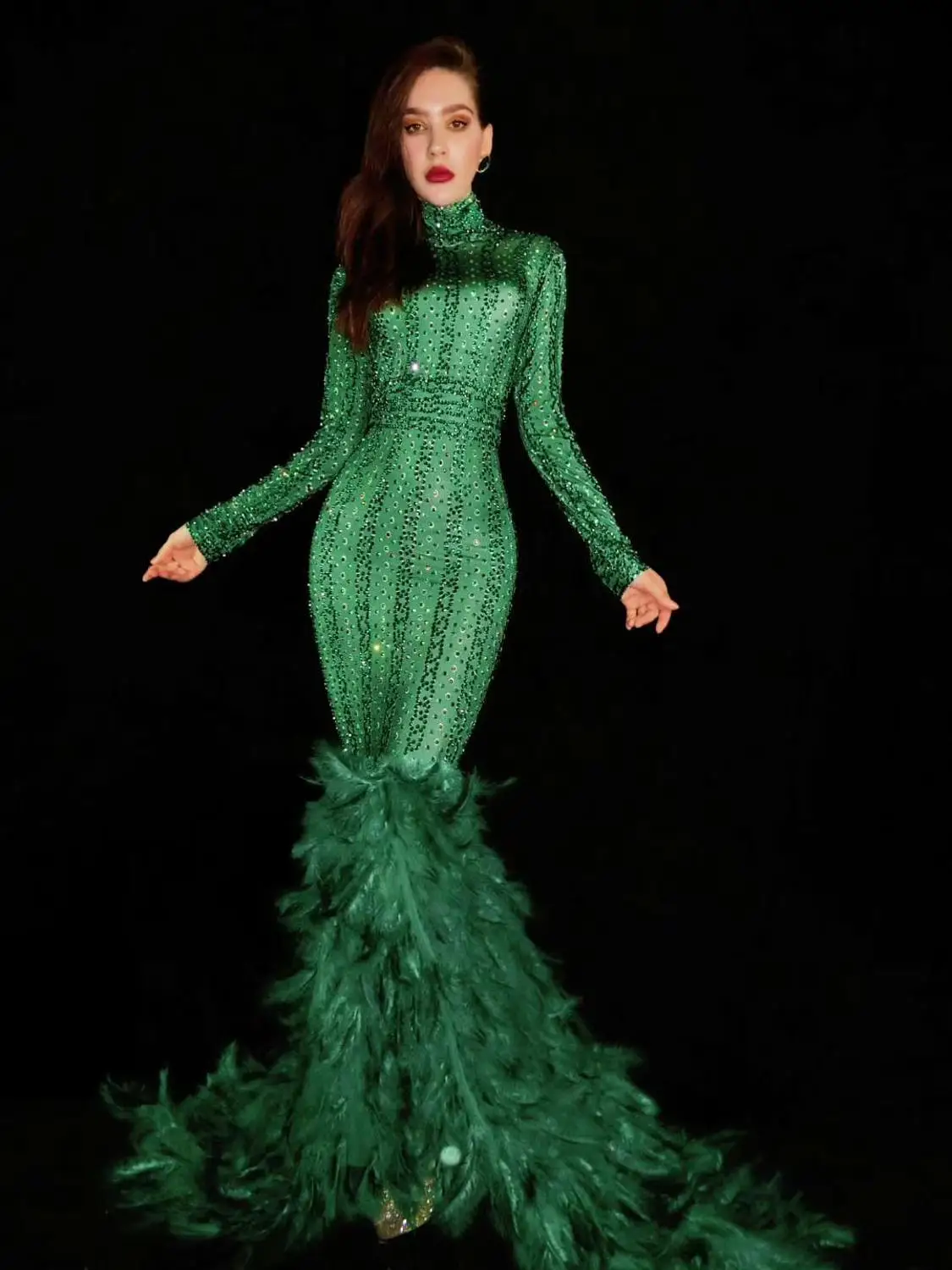 Christmas Green Rhinestones Feather Trailing Dress Women Birthday Celebration Evening Party Long Dresses Singer Stage Costume