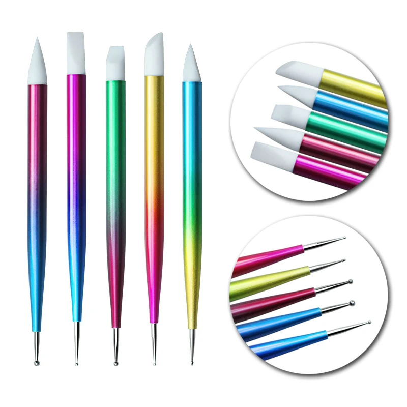 Dual-Use Nail Art Pens, Nail Dotting Pens, Silicone Rhinestone Picker for Nail Designs, Carving, 5Pcs Set