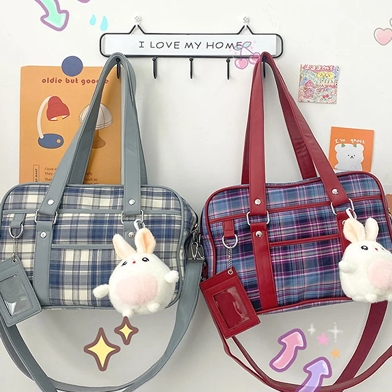 Japan JK Retro Shoulder Bag Ladies Fresh Plaid Design Uniform Messenger Bag PULeather Handbag Student Rabbit Pendant Cosplay Bag