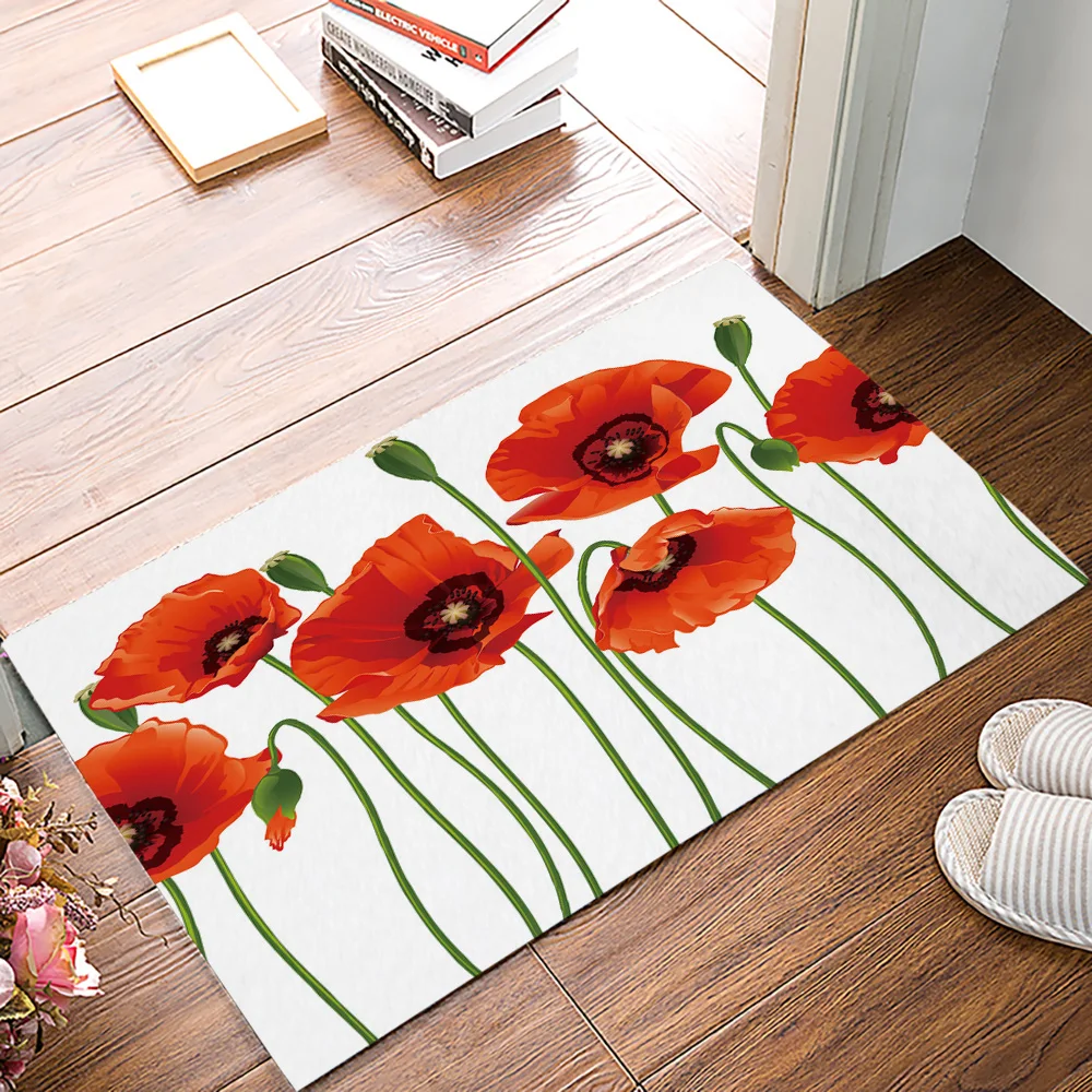 Plant Poppy Texture Flowers Kitchen Mat Home Anti-slip Bathroom Rug Entrance Doormat Living Room Protective Floor Mat