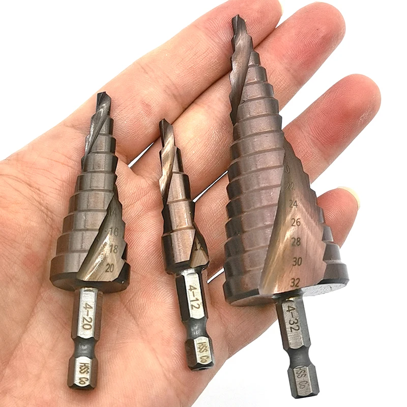 4-12mm 4-20mm 4-32mm M35 Cobalt Step Drill Bit Set Tapered HSS-CO HSS Drill Bit Kit Spiral Groove Hex Shank for Stainless Steel