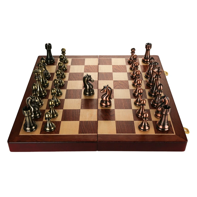 Luxury Metal Chess 39CM 52CM Large Wooden Chessboard Set High Quality Pure Metal Chess Pieces Family Living Room Decoration Gift