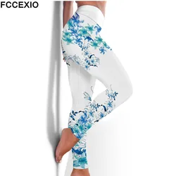 FCCEXIO New High Waist Fitness Elastic Leggings Ink Painting Flowers 3D Print Sexy  Leggins Casual Workout Sport Pants