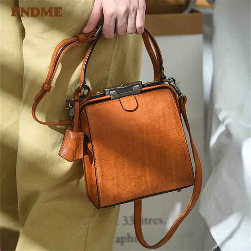 PNDME fashion designer natural genuine leather ladies mini small handbag weekend daily women\'s real cowhide lock crossbody bag