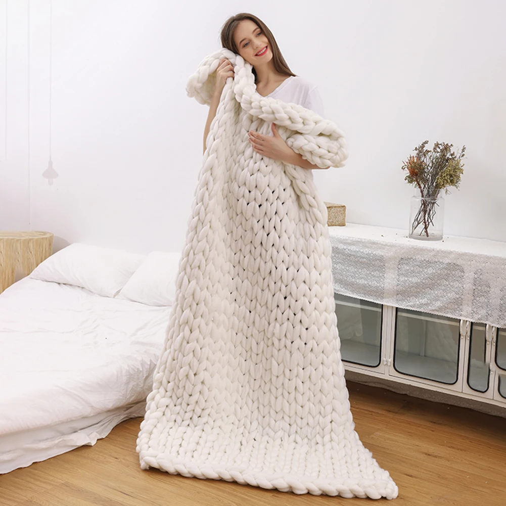 6cm Fashion Hand Wool Knitted Blanket Thick Yarn Merino Wool Bulky Knitting Throw Blankets Knit Blanket