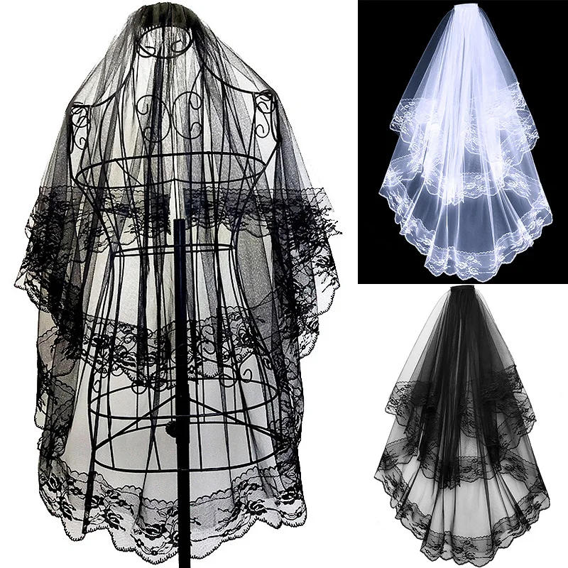 Black White Lace Bridal Veils with Comb Short Two Layer Bridal Vintage Wedding Veils for Bride Cosplay Costume Hair Accessories