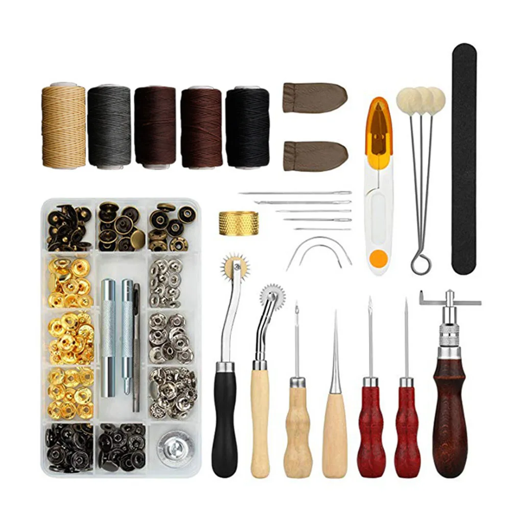 46Pcs/Set Leather Craft Tools Kit Hand Sewing Stitching Punch Carving Work Saddle Leathercraft Accessories