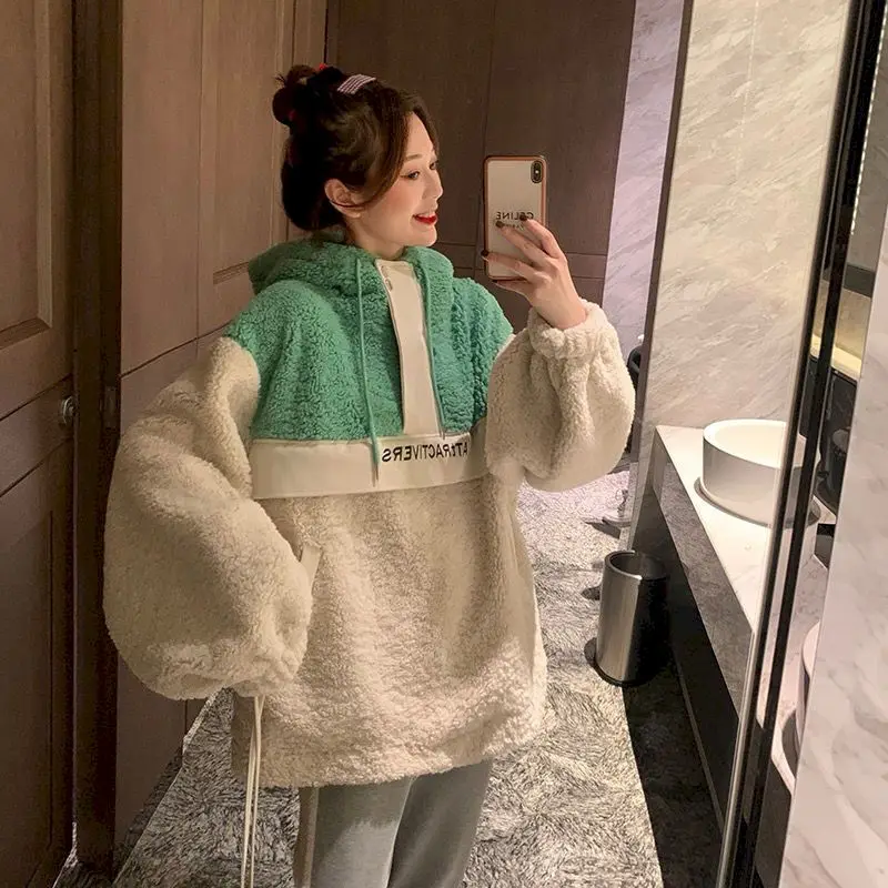 Fashion Velvet Imitation Lamb Wool Hoodies Women Thicken Autumn Winter New Student Korean Loose Casual Hooded Coat Thick Hoodie