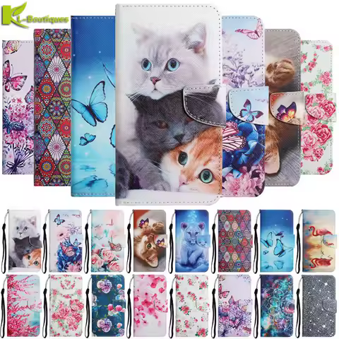 Cat Painted Leather Case on For Samsung Galaxy S20 S21 S10 S8 S9 Plus S 21 S20 FE Ultra S10E Phone Cover Wallet Book Case Fundas