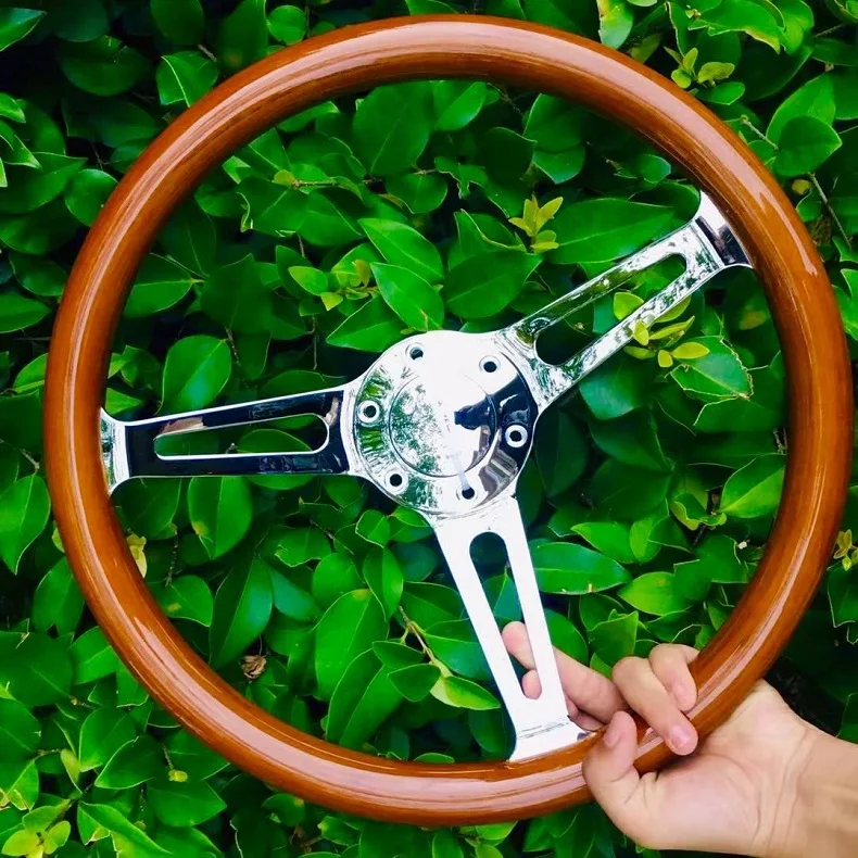 

14" 14inch /35cm Classic Mahogany Wood Grain Brown Trim Steering Wheel with Horn Button