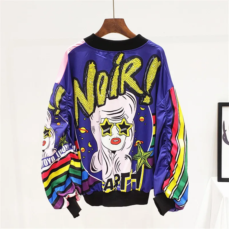 Streetwear Women Bomber Jacket Long sleeve Coat Fashion Sequin Print Jackets Pocket Zipper Hip hop Jacket Female Loose Outwear