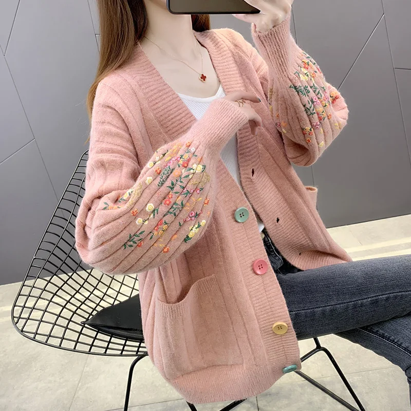 

2024 Autumn Winter Womens Cardigan Warm Knitted Sweater Jacket Pocket Printing Fashion Knit Cardigans Coat Lady Loose Sweaters