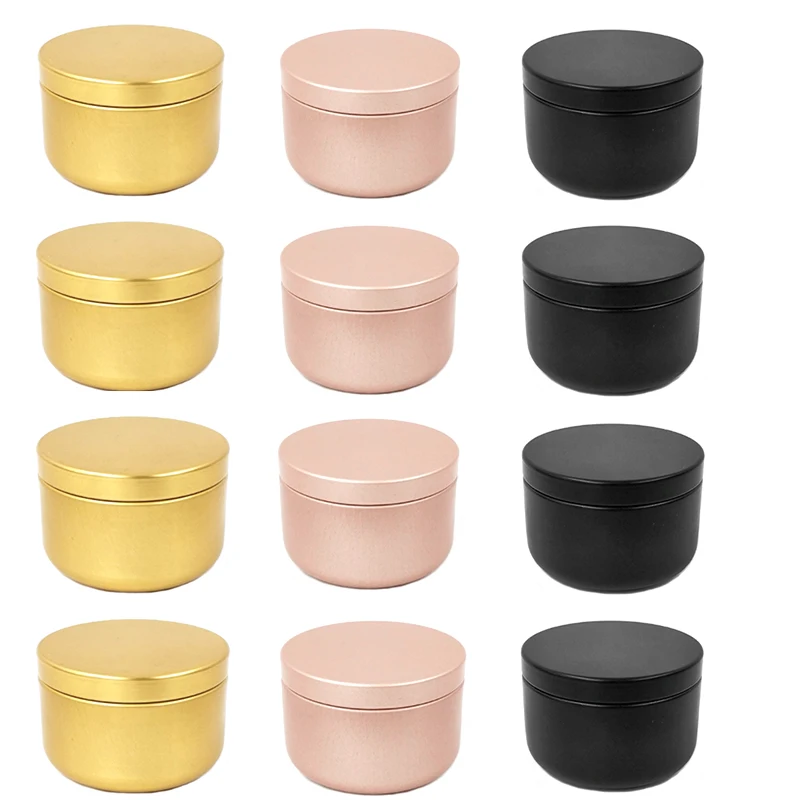 12Pcs Round Metal Tin Box Candle Tin Black Gold Silver 50ml  Jar Storage Empty Pot Plain Screw Top Cans Cream Cosmetic Container