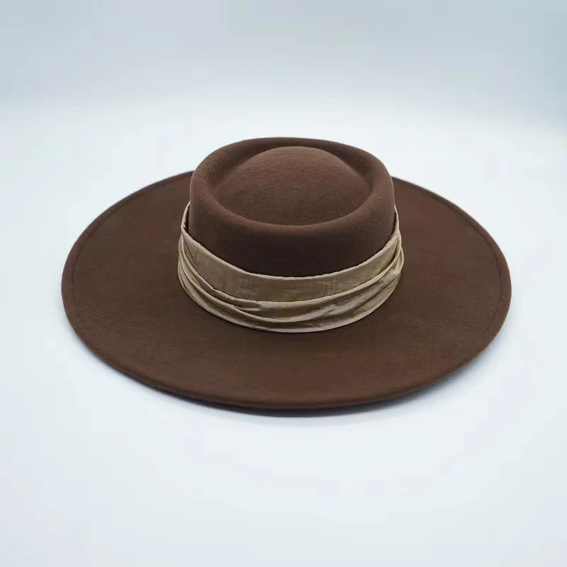 New Brown Wool Wide Brim Fedora Hats For Women Flat Brim Retro Panama Concave Top Hat Ladies British Felt Hat Gorras Mujer Topi