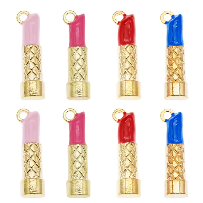 Julie Wang 4PCS Enamel Lipstick Charms Mixed Pink Red Blue Colors Alloy Cosmetic Necklace Bracelet Jewelry Making Accessory