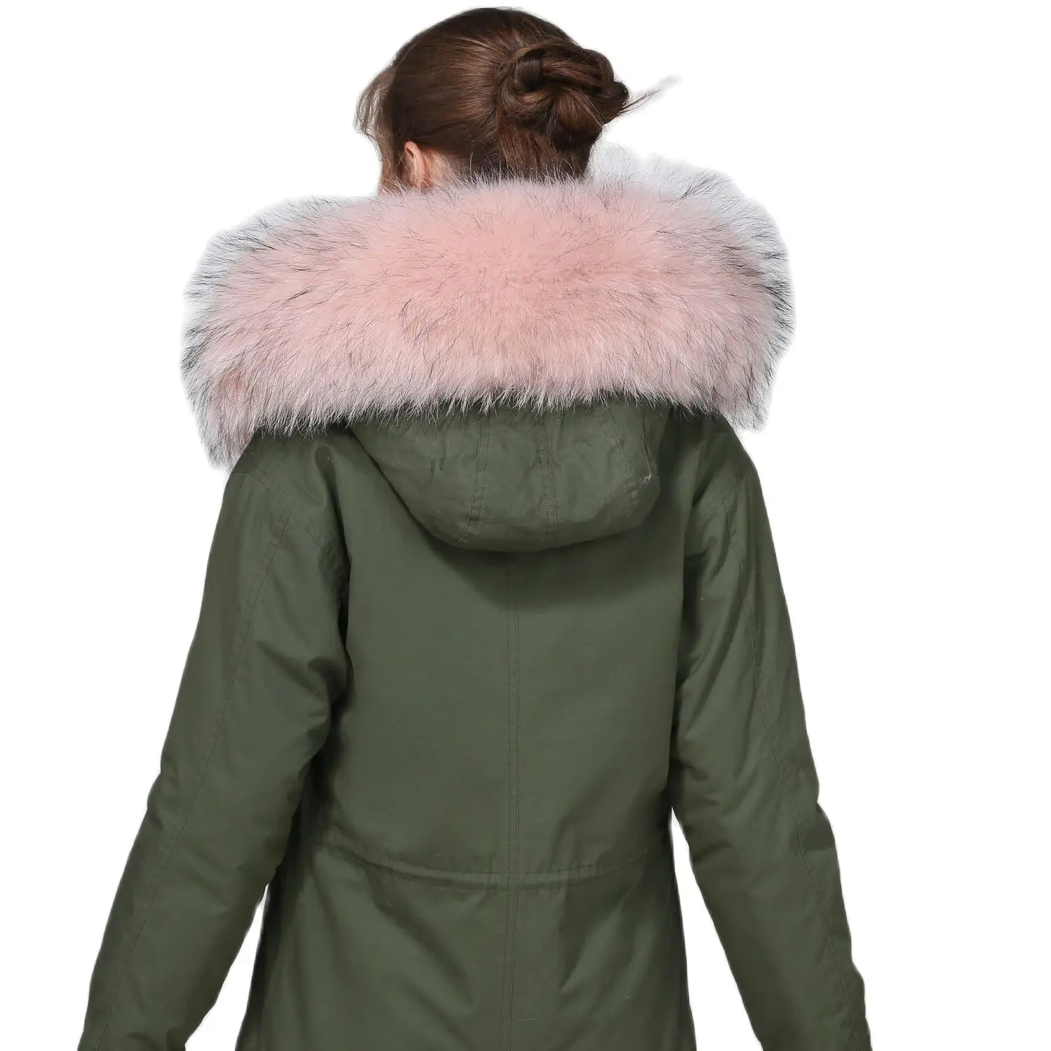 Fashion Lady Coat Army Green Windproof Shell Parka Big Hooded With Pink Raccoon Collar