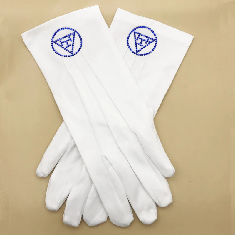 Round hot diamond square and compass Freemason\'s high quality Middle East flat thermoset rhinestone polyester gloves- [White]