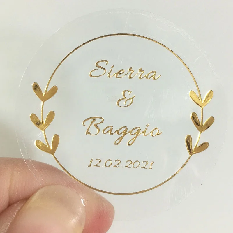 100 Stks/partij Custom Gold Folie Stickers Bruiloft Gunst Stickers Goudfolie Custom Stickers Custom Goud Verijdeld Clear Stickers