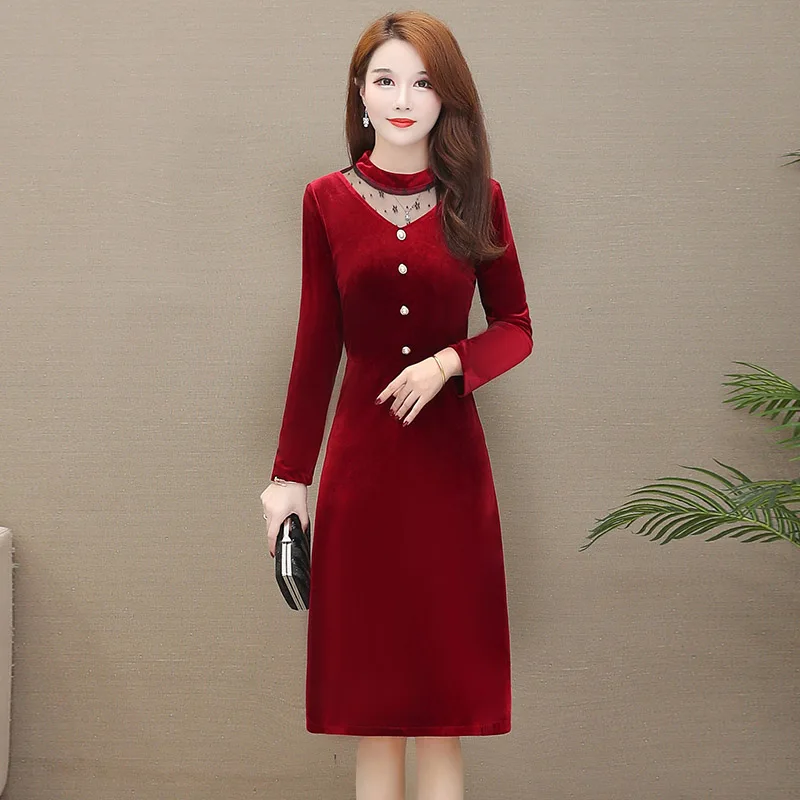 UHYTGF Genuine Gold Velvet Dress Woman Single-Breasted Pullover Spring Autumn Dress Female Elegant Long Dresses Ladies 5XL 1536