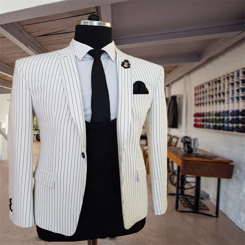 One Piece White Pinstripe Men Suits Groom Tuxedos Lapel One Button Custom Made Fit Slim Formal Party Prom Coat Outwear