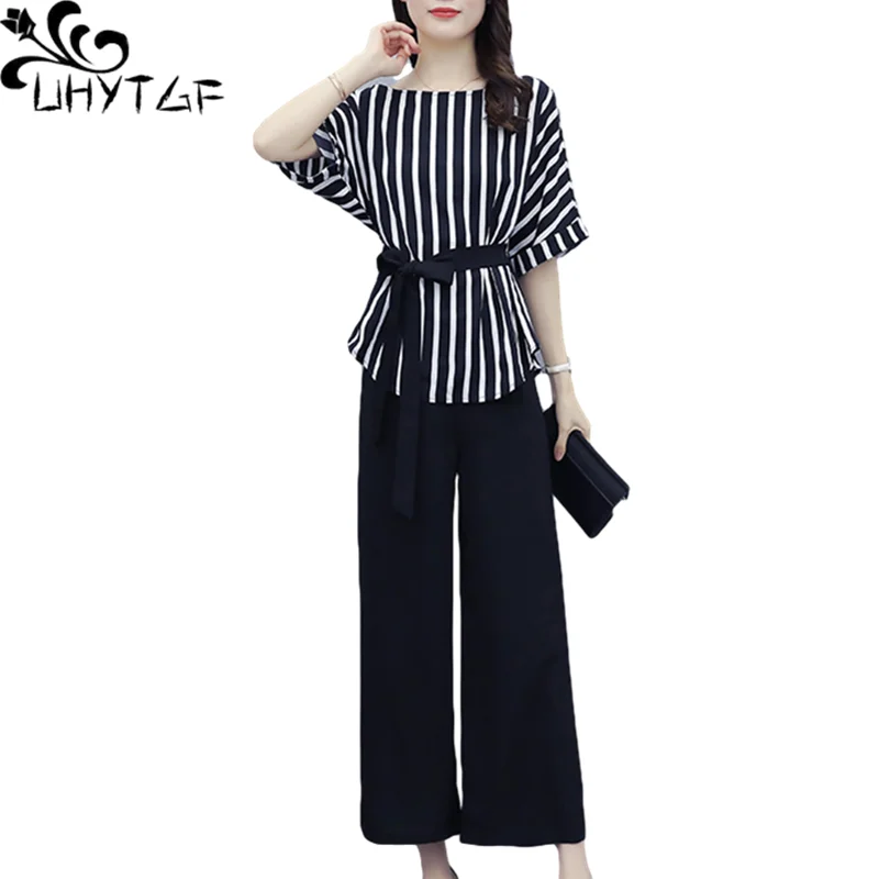 UHYTGF Tracksuits For Women Fashion Striped Thin Top + Pants Casual Summer Two-Piece Set Short-Sleeved Loose Big Size Suit 2000